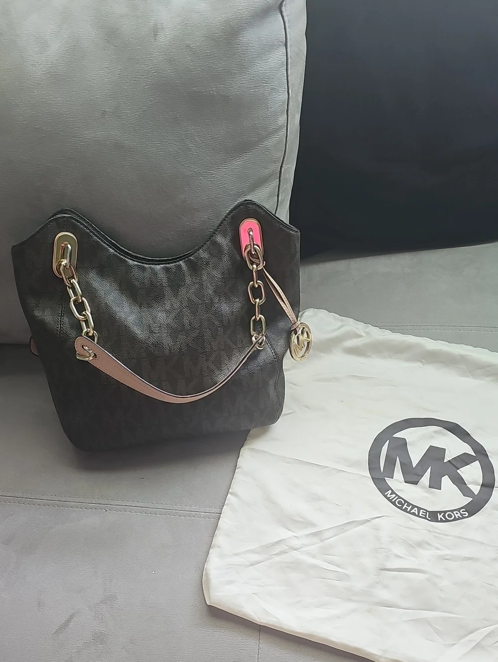 Michael Kors Dark Brown MK Monogram Chain-Handle Lilly Shoulder Bag